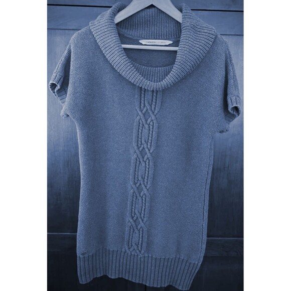 ~ ATHLETA Tisbury Cowl Neck Sweater L Tunic Cable Knit Short Sleeve Blue Womens* - Picture 12 of 12